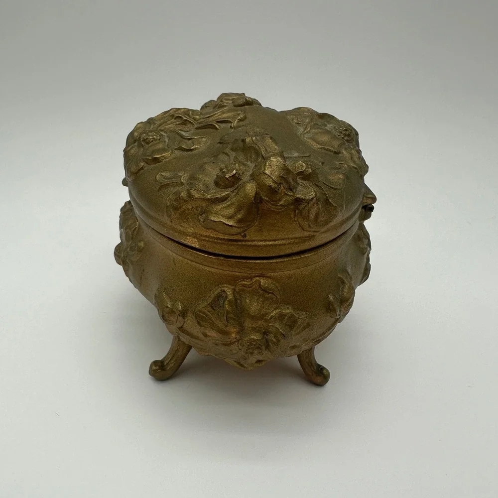 ANTQ Art Nouveau Jewelry Casket Footed Spelter Pot Metal Box Rose Relief Lined